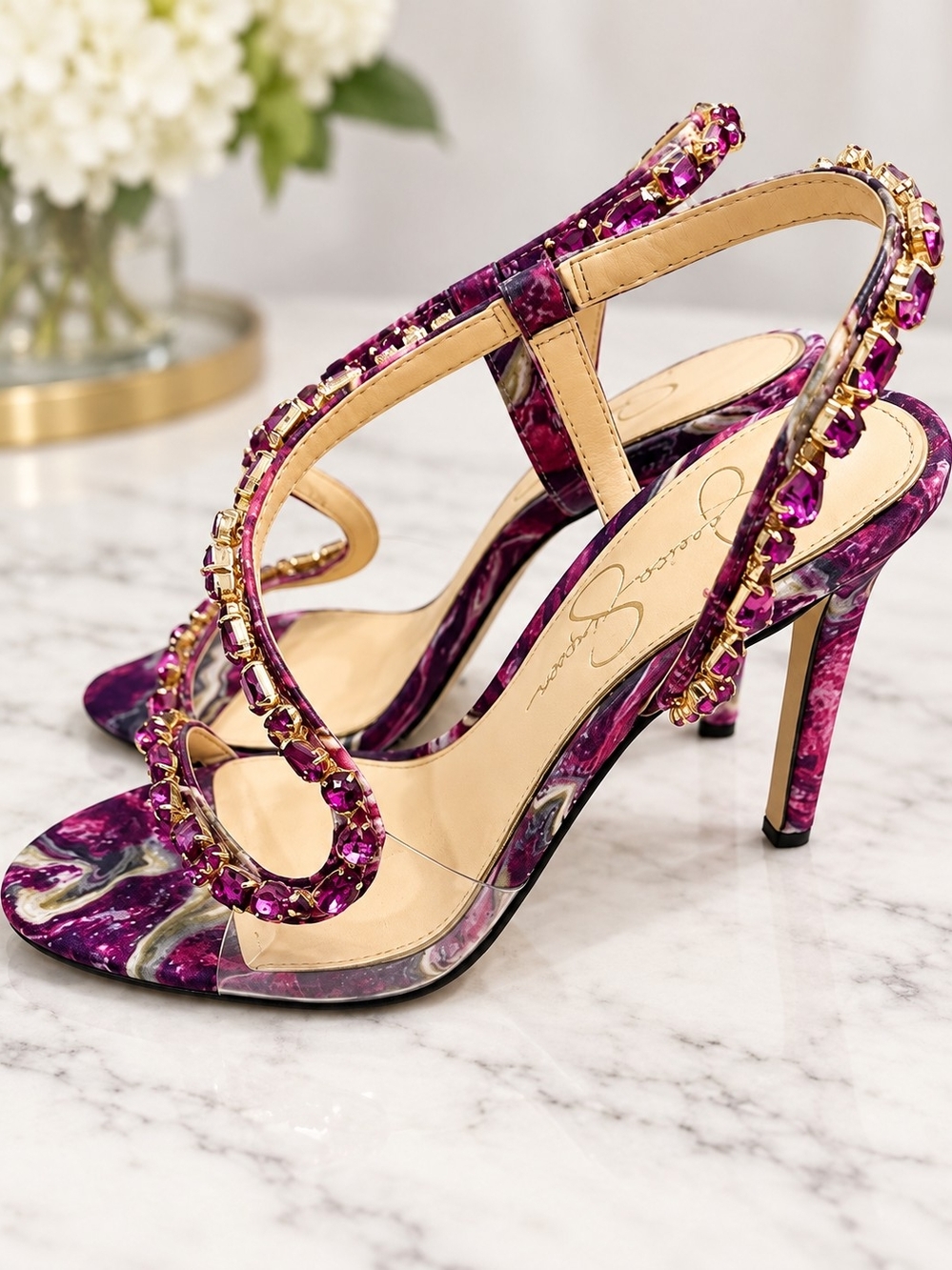 Jessica Simpson Purple Jeweled Strappy Stiletto Sandals